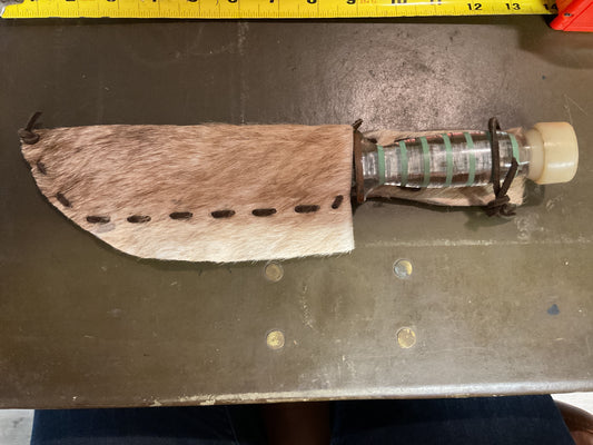 WWII Theatre Knife green striped handle deerskin sheath