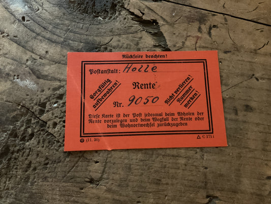 Original WWII German Postal Pension Payment Card-(Rentenkarte)