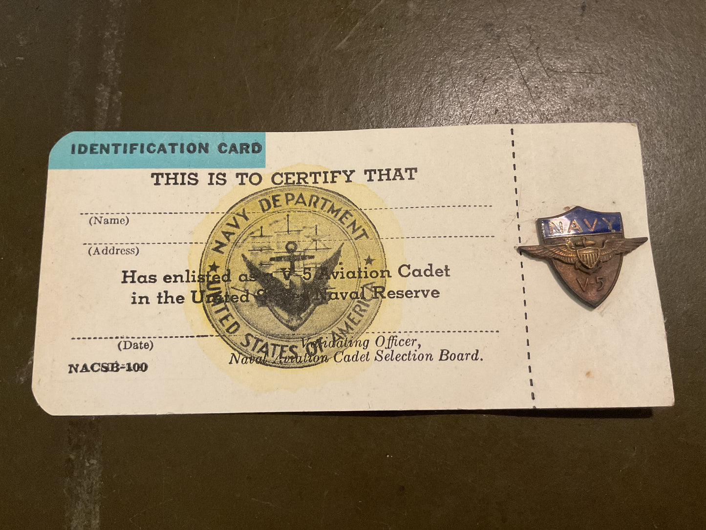 U.S. Navy Aviation Cadet Identification Card un-issued