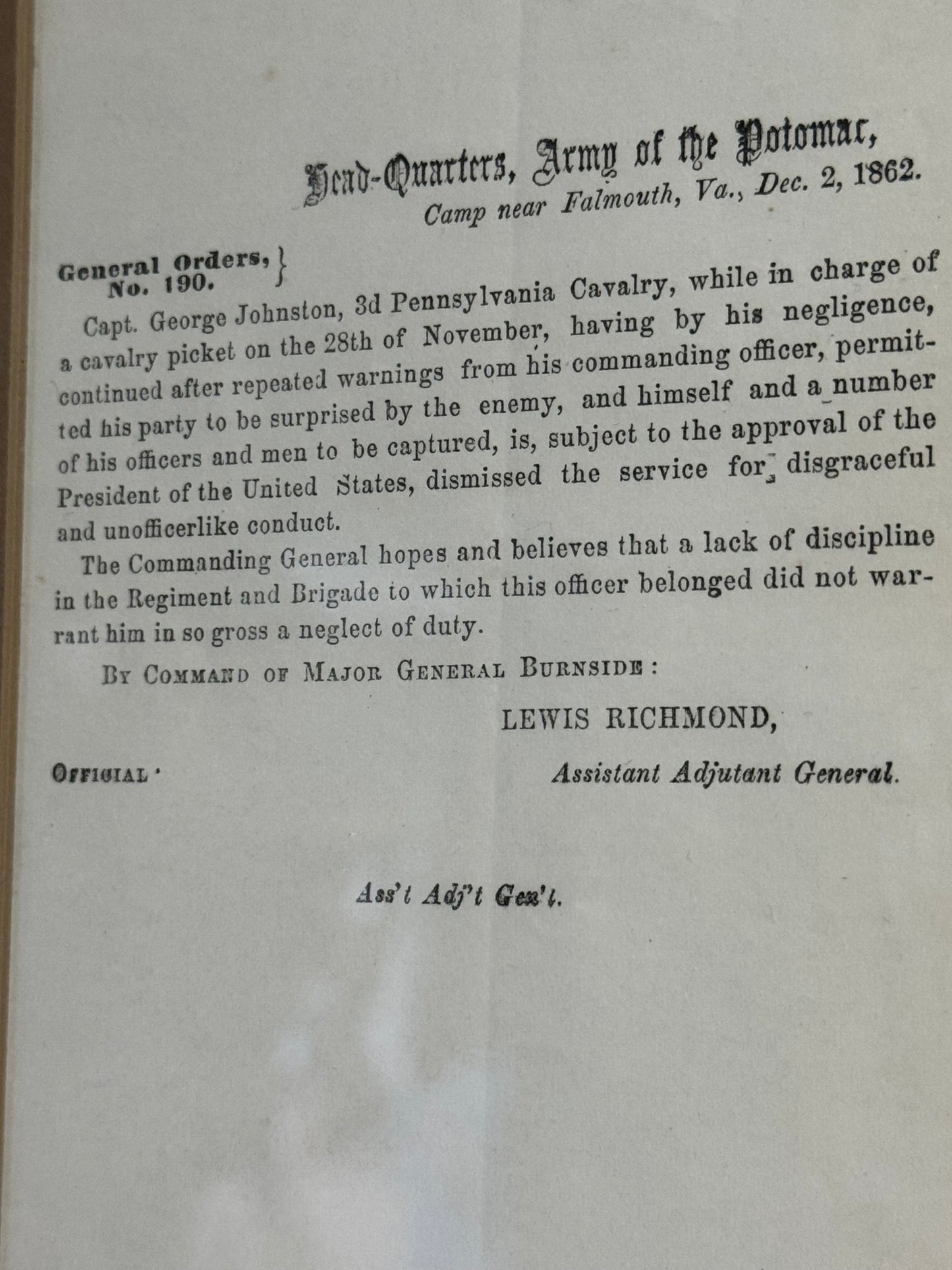 AMBROSE E. BURNSIDE — CIVIL WAR GENERAL ORDER & CDV
