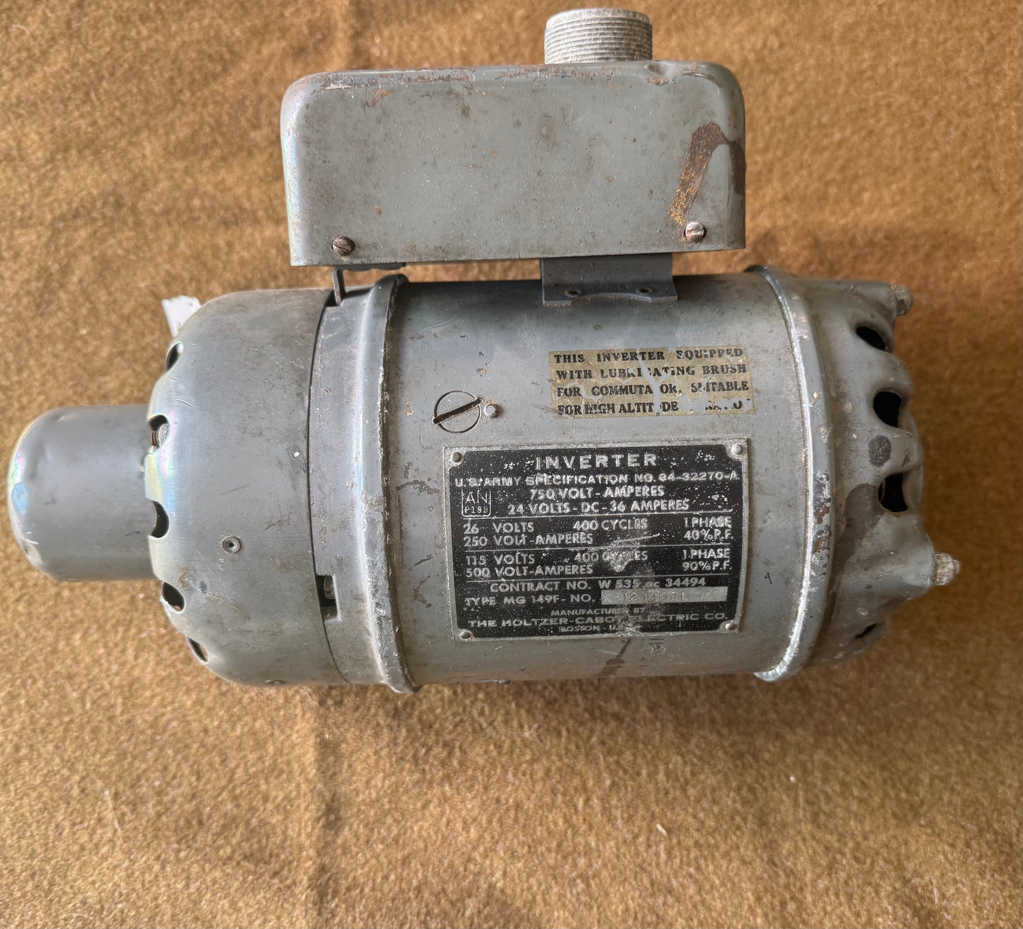 Holtzer-Cabot U.S. Army Aircraft Inverter Type MG-149F 24V DC to 115/26V AC WWII Aircraft Power Inverter