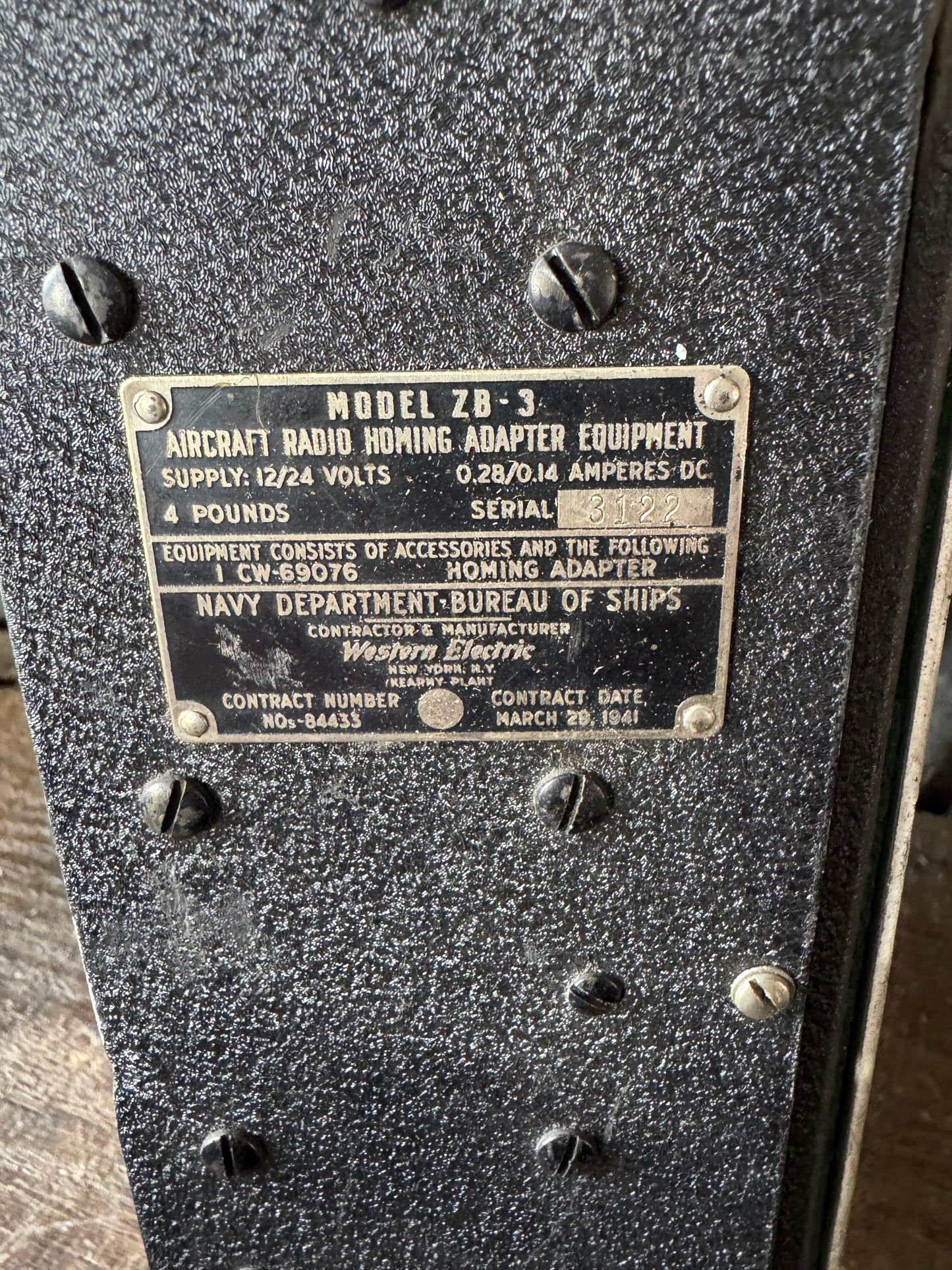 WWII U.S. Navy Model ZB-3 Aircraft Radio Homing Adapter Equipment – Western Electric – March 1944