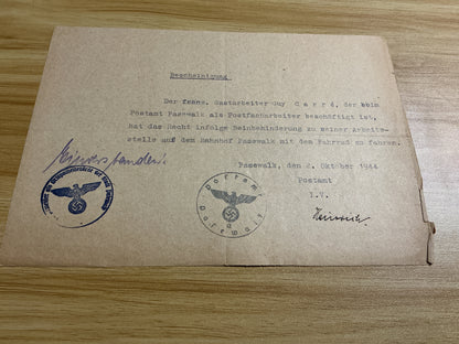 WWII German Pasewalk Post Office Document-French Foreign Laborer Guy Carre’-Bicycle Permit