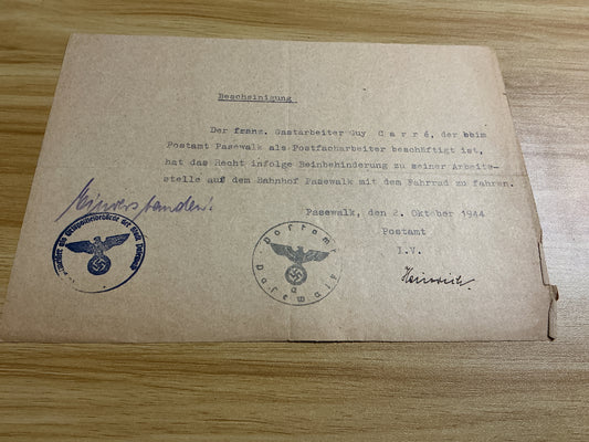 WWII German Pasewalk Post Office Document-French Foreign Laborer Guy Carre’-Bicycle Permit