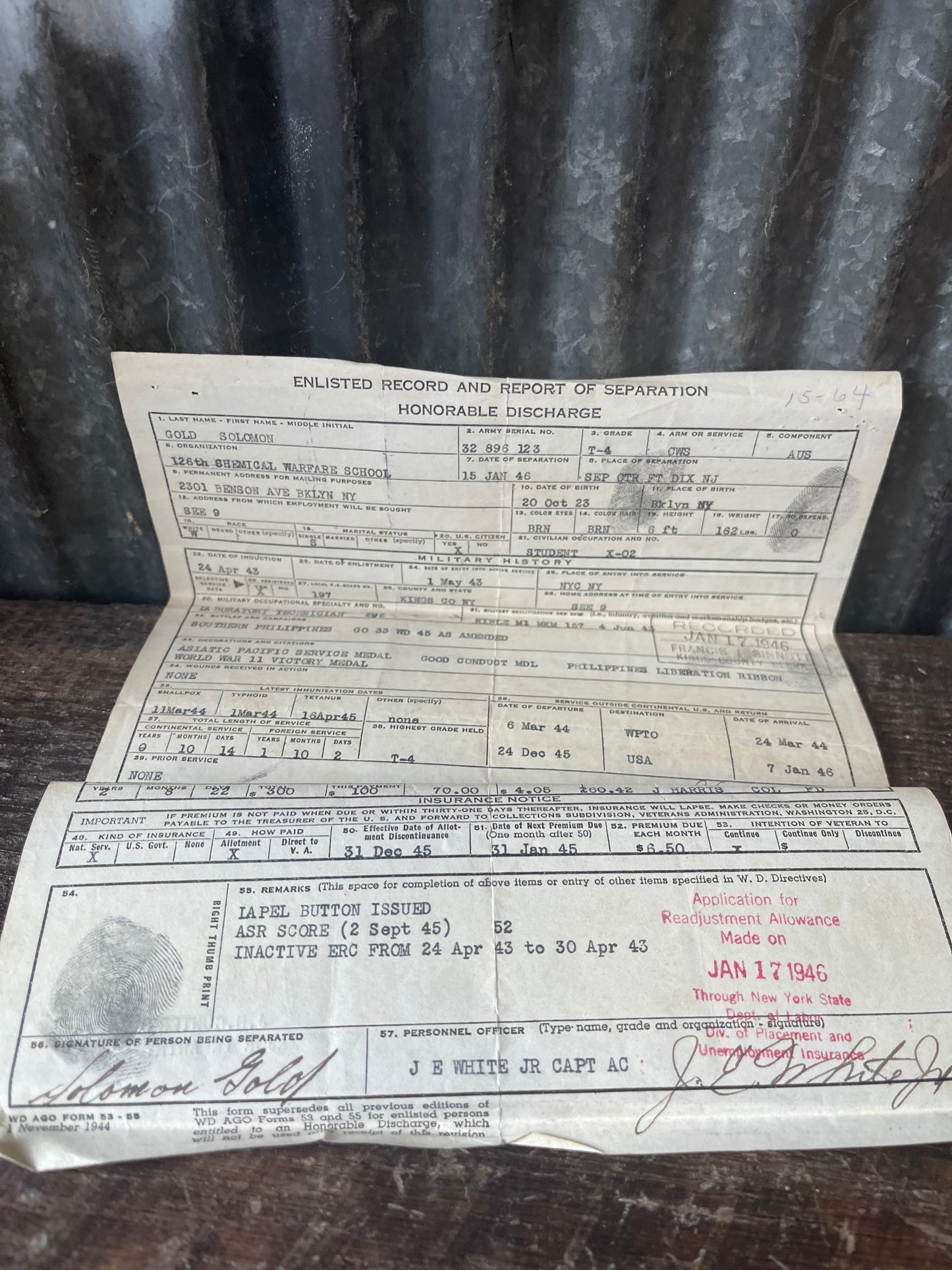 WWII U.S. Army War Service Record Grouping – Solomon Gold – Pacific Theater Veteran