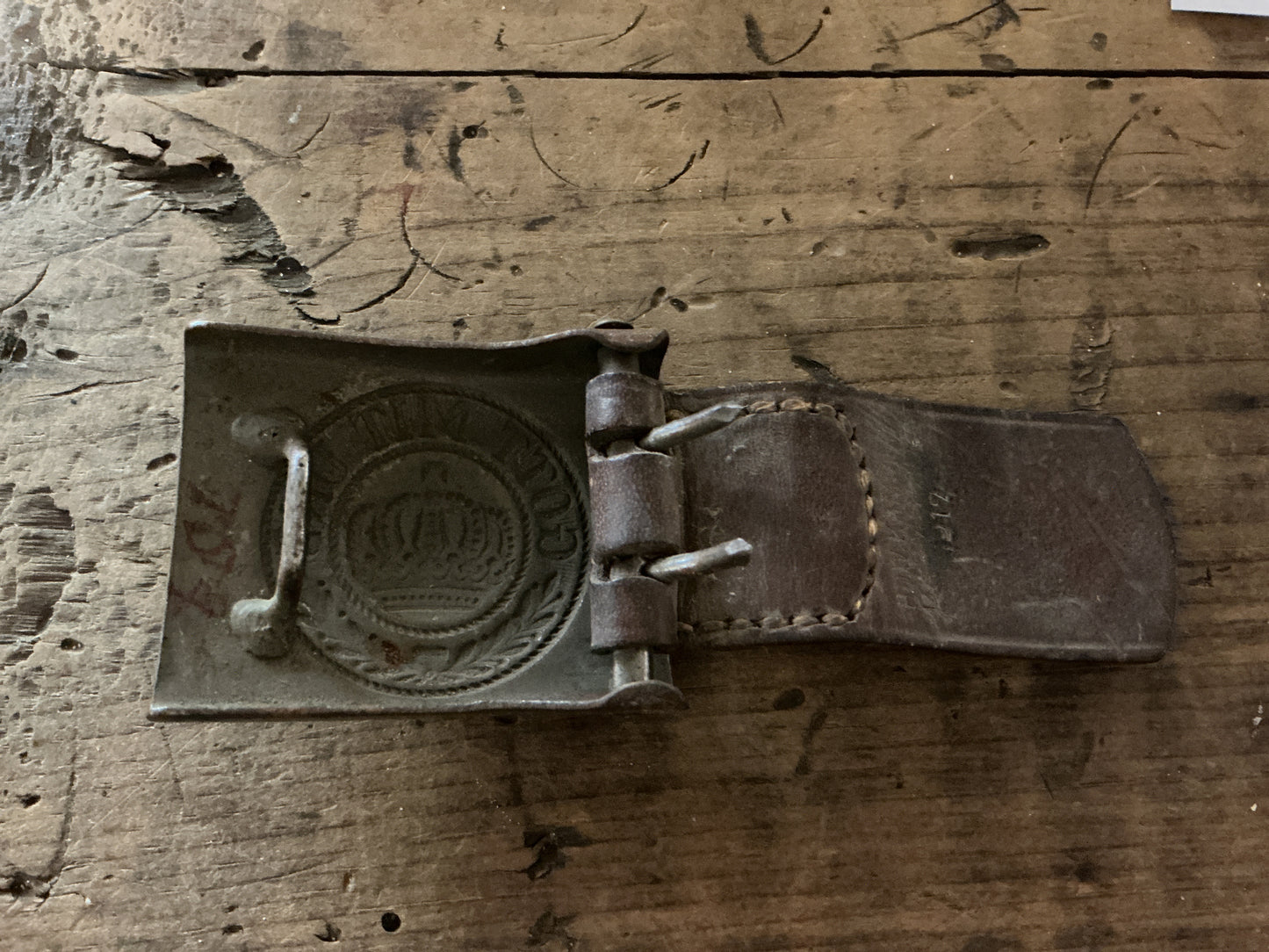 Original WWI Imperial German Prussian “Gott Mits Uns” Belt Buckle w/ Darmstadt Kammer 1917 Leather Tab