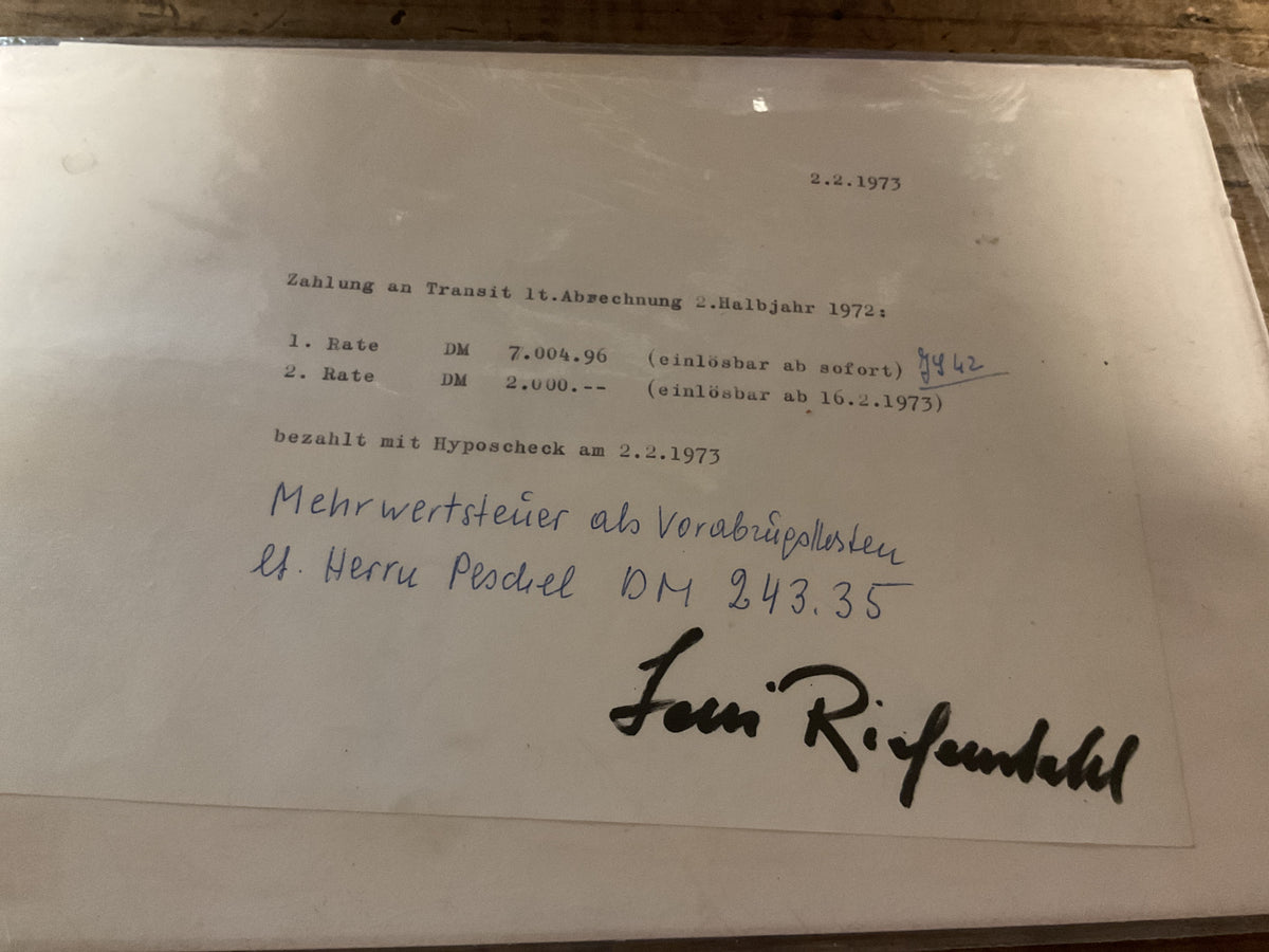 Original Leni Riefenstahl Signed 1973 Financial Document-Director of Triump of Will and Olympia”