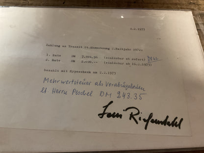 Original Leni Riefenstahl Signed 1973 Financial Document-Director of Triump of Will and Olympia”