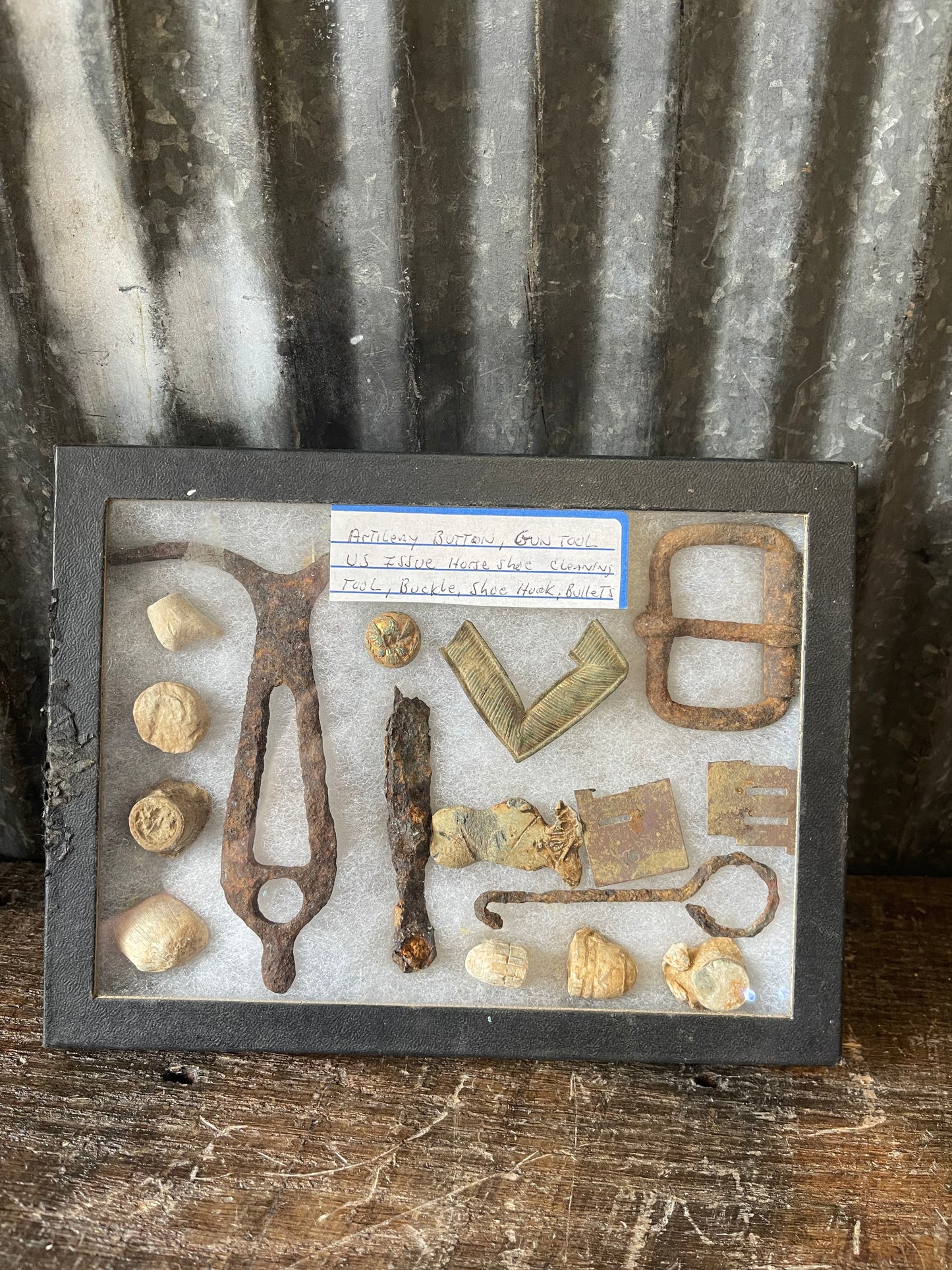 Civil War Dug Relic Display Case – Bullets, Artillery Button, Buckle & Camp Artifacts