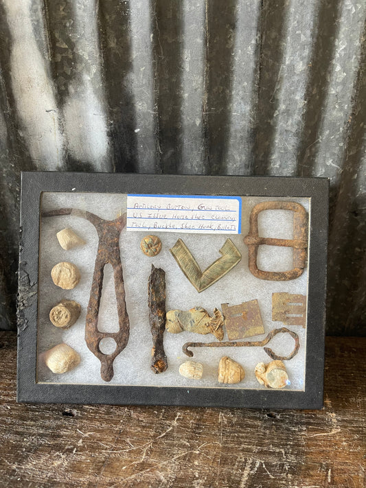 Civil War Dug Relic Display Case – Bullets, Artillery Button, Buckle & Camp Artifacts