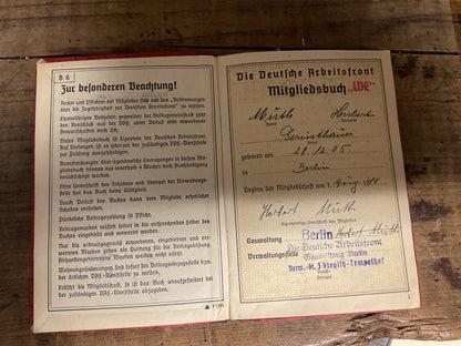 WWII German Deutsche Arbeitsfront (DAF) Membership Book-Berlin- Extensive Dues Stamps 1941-1945-Named to Herbert Muth