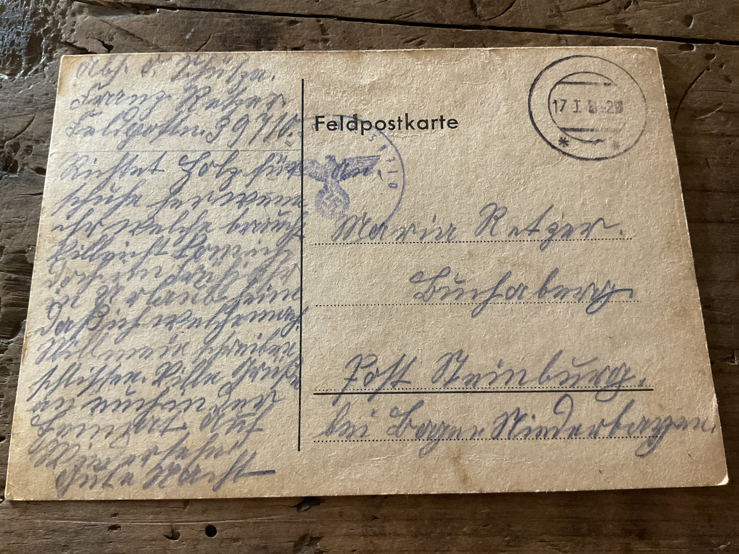 WWII German Feldpostkarte-January 17, 1942 w/ Eagle & Swastika Unit Stamp
