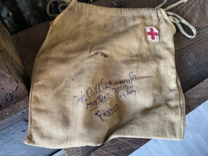 WWII Red Cross Drawn String Bag String Bag with Arm Band & Red Cross Pamphlet named