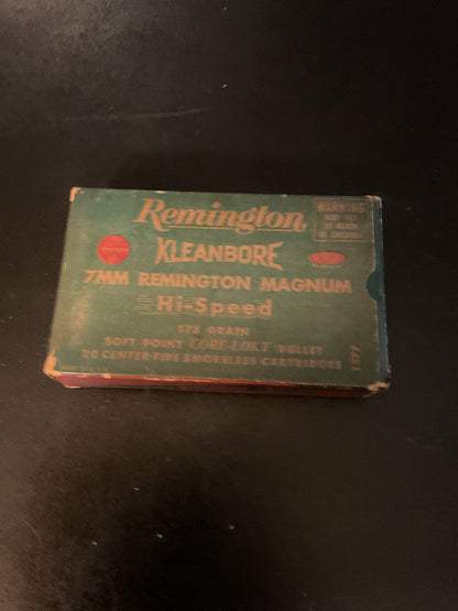 Vintage Remington Kleanbore 7mm Remington Magnum 175 Grain Soft Point Cartridges — Full Box of 20