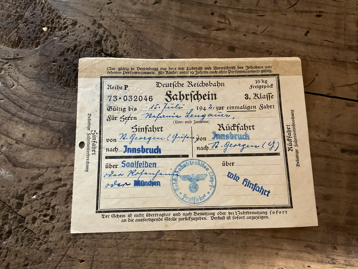 Original WWII German Deutsche Reichsbahn Travel Pass-1942