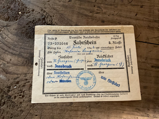 Original WWII German Deutsche Reichsbahn Travel Pass-1942