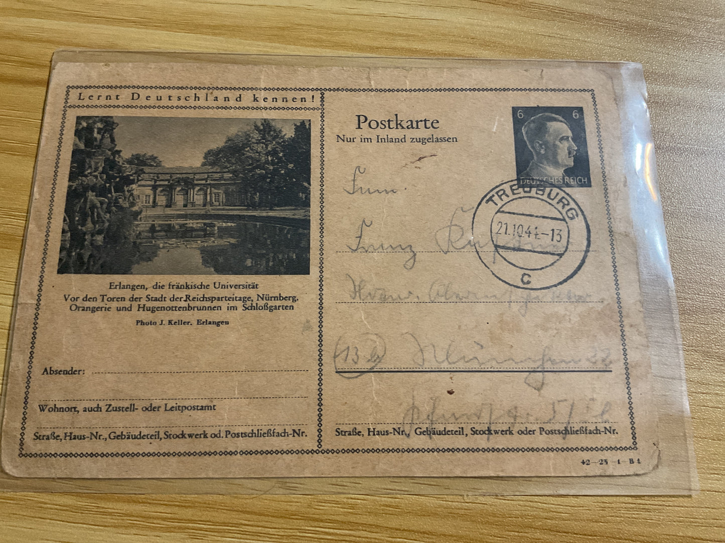WWII German 1944 “Lernt Deutschland Kennen!”-Erlangen Postcard-Hitler Stamp-Feldpost Era