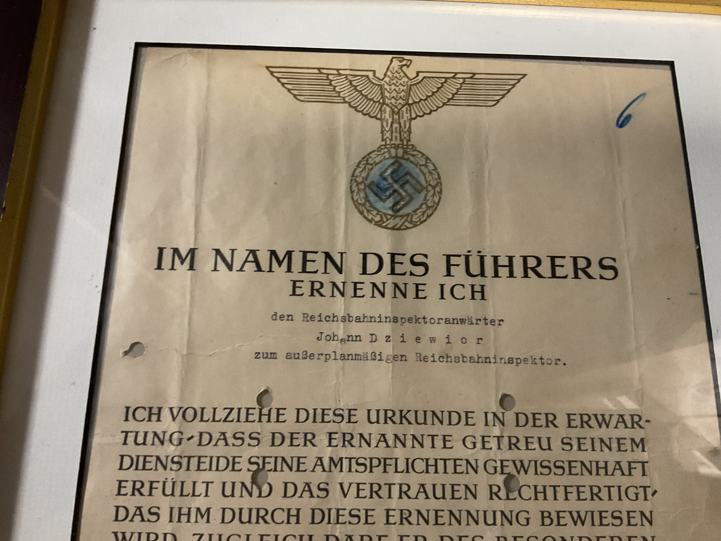 WWII German Reich Ministry of Transport Appointment Certificate-1943 w/ Frame