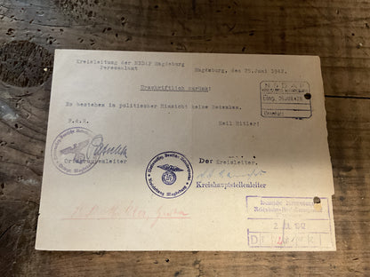 Original 1942 Deutsche Reichsbahn Political Reliability Inquiry to the NSDAP-Confidential Personnel Screening Letter