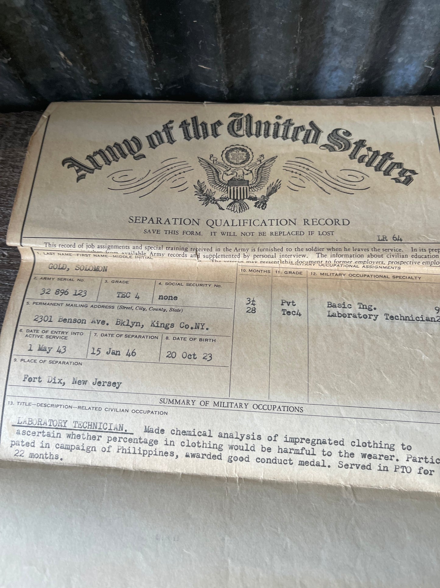 WWII U.S. Army War Service Record Grouping – Solomon Gold – Pacific Theater Veteran