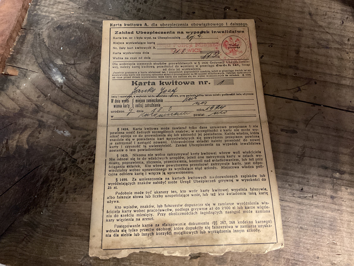 German Occupied Poland Social Insurance Card-Katowice-Eagle and Swastika Stamped