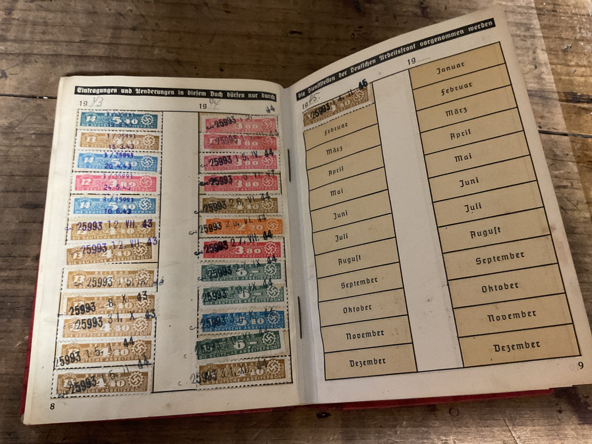 WWII German Deutsche Arbeitsfront (DAF) Membership Book-Berlin- Extensive Dues Stamps 1941-1945-Named to Herbert Muth