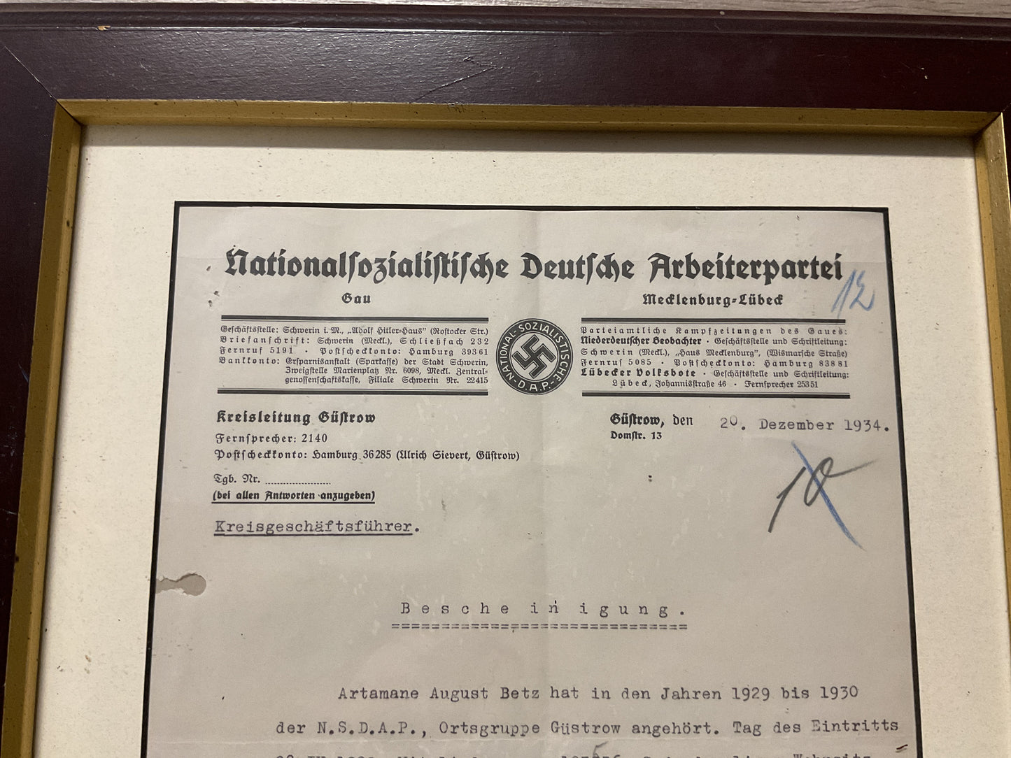 NSDAP Membership Verification Certificate-Kreisleitung Gustrow-1934