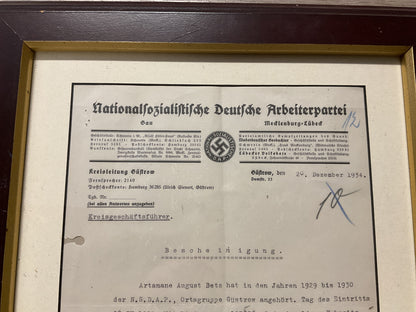 NSDAP Membership Verification Certificate-Kreisleitung Gustrow-1934