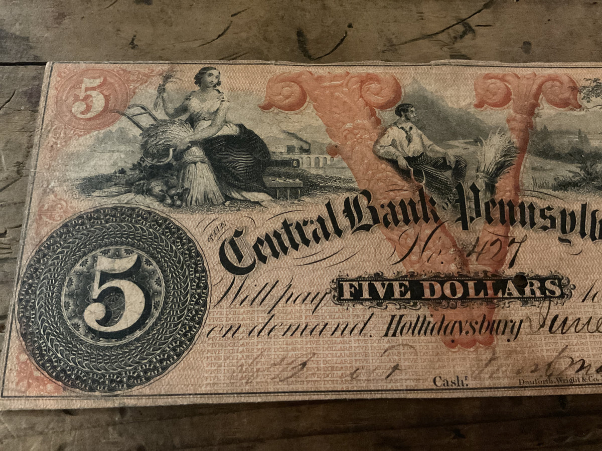 1858 Central Bank of Pennsylvania $5.00 Obsolete Bank Note-Hollidaysburg