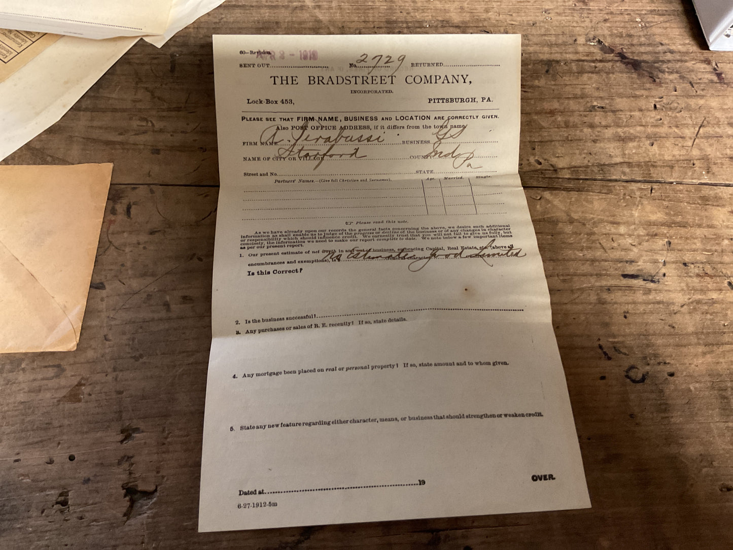 1919 Bradstreet Company Credit Inquiry-Indiana, Pa, Original Envelope & Forms. April 2, 1919