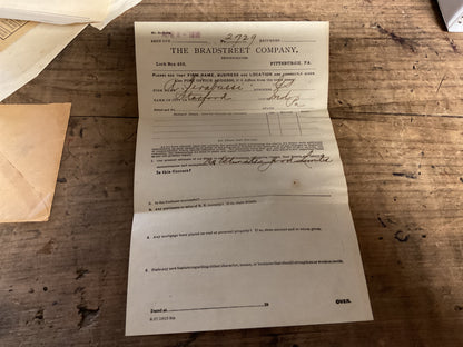 1919 Bradstreet Company Credit Inquiry-Indiana, Pa, Original Envelope & Forms. April 2, 1919