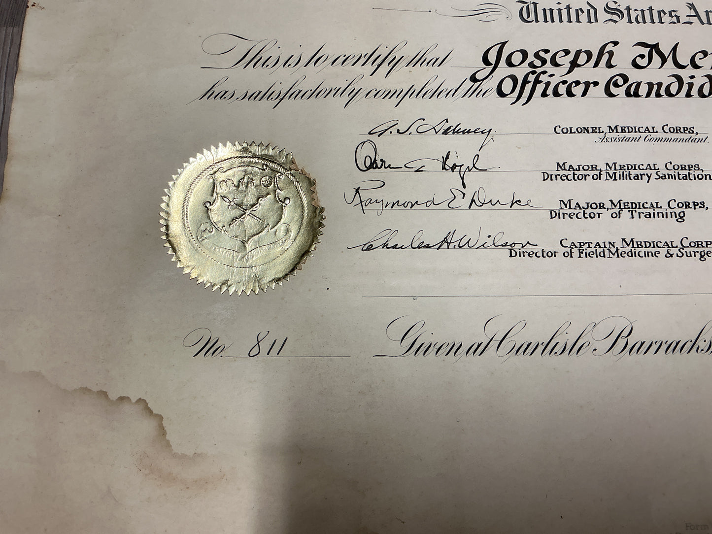 WWII U.S. Army Medical Field Service School Officer Candidate Course Certificate-June 1942-Named Joseph Merl Henry at Carlisle, Pa
