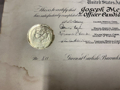 WWII U.S. Army Medical Field Service School Officer Candidate Course Certificate-June 1942-Named Joseph Merl Henry at Carlisle, Pa