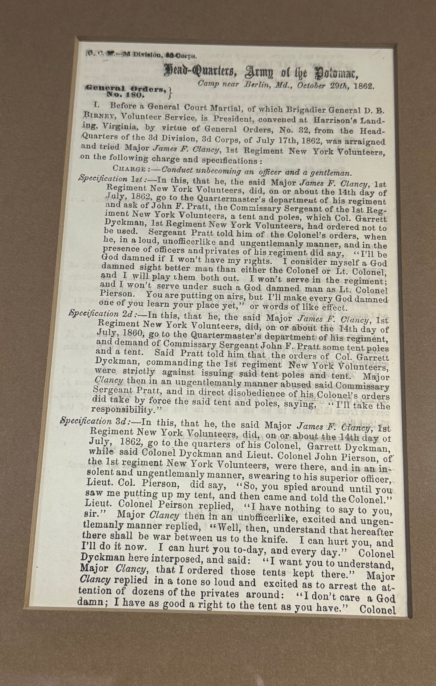 GEORGE B. McCLELLAN — CIVIL WAR COURT-MARTIAL ORDER & CDV
