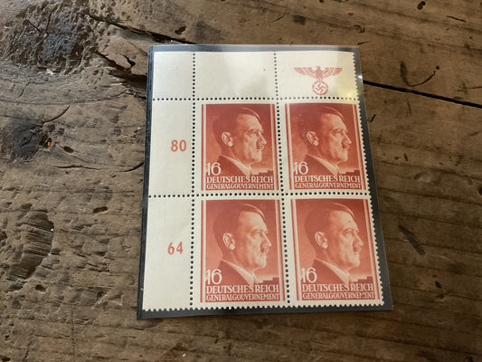 WWII German Adolf Hitler 16 Groschen Stamp Block of 4-Occupied Poland-Margin Eagle & Swastika