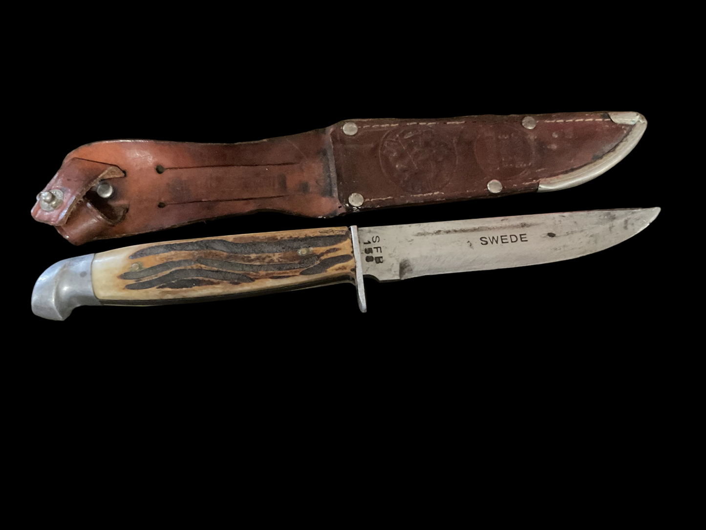 SFB Sweden Stag-Handle Hunting Knife with Original Leather Sheath
