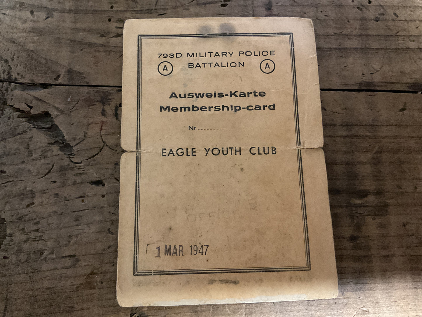 1947 U.S. Army Occupation of Germany 793rd Military Police Battalion “Eagle Youth Club” Membership Card-Named with Photograph