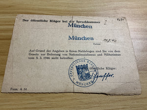 1946 Munich Germany Spruchkammer Denazification Clearance Document-Post WWII-U.S. Occupation