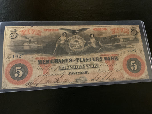Confederate Merchants and Planter Bank Five Dollar Note Civil War