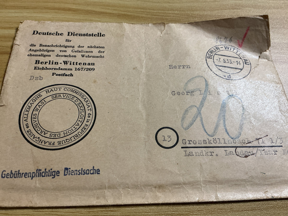1953 German Deutsche Dienststelle WASt Wehrmacht Casualty Records Envelope-French Archive Stamp