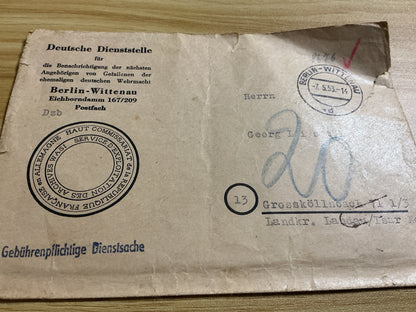 1953 German Deutsche Dienststelle WASt Wehrmacht Casualty Records Envelope-French Archive Stamp