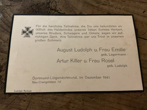 Original WWII German Soldier KIA Mourning Thank You Card-Herbert Lundolph-Dortmund- Dec. 1941
