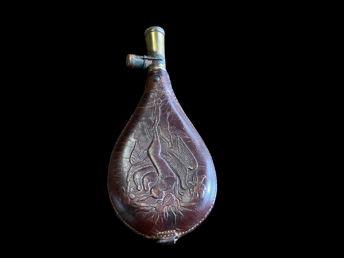 “Game Scene” Leather Powder Flask 1850-1870