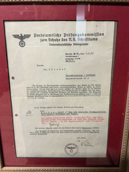 RARE!! 1937 Third Reich Party Official Examination Commission Letter-NSDAP Literary Review Commission-Berlin