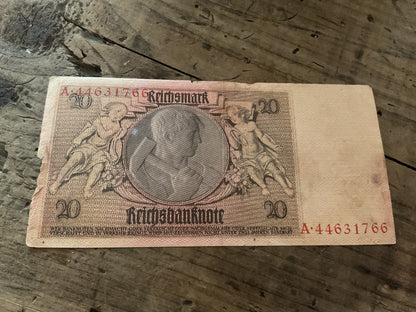 1929 German 20 Reichsmark Banknote-Waffen SS Totenkopf Ink Stamp