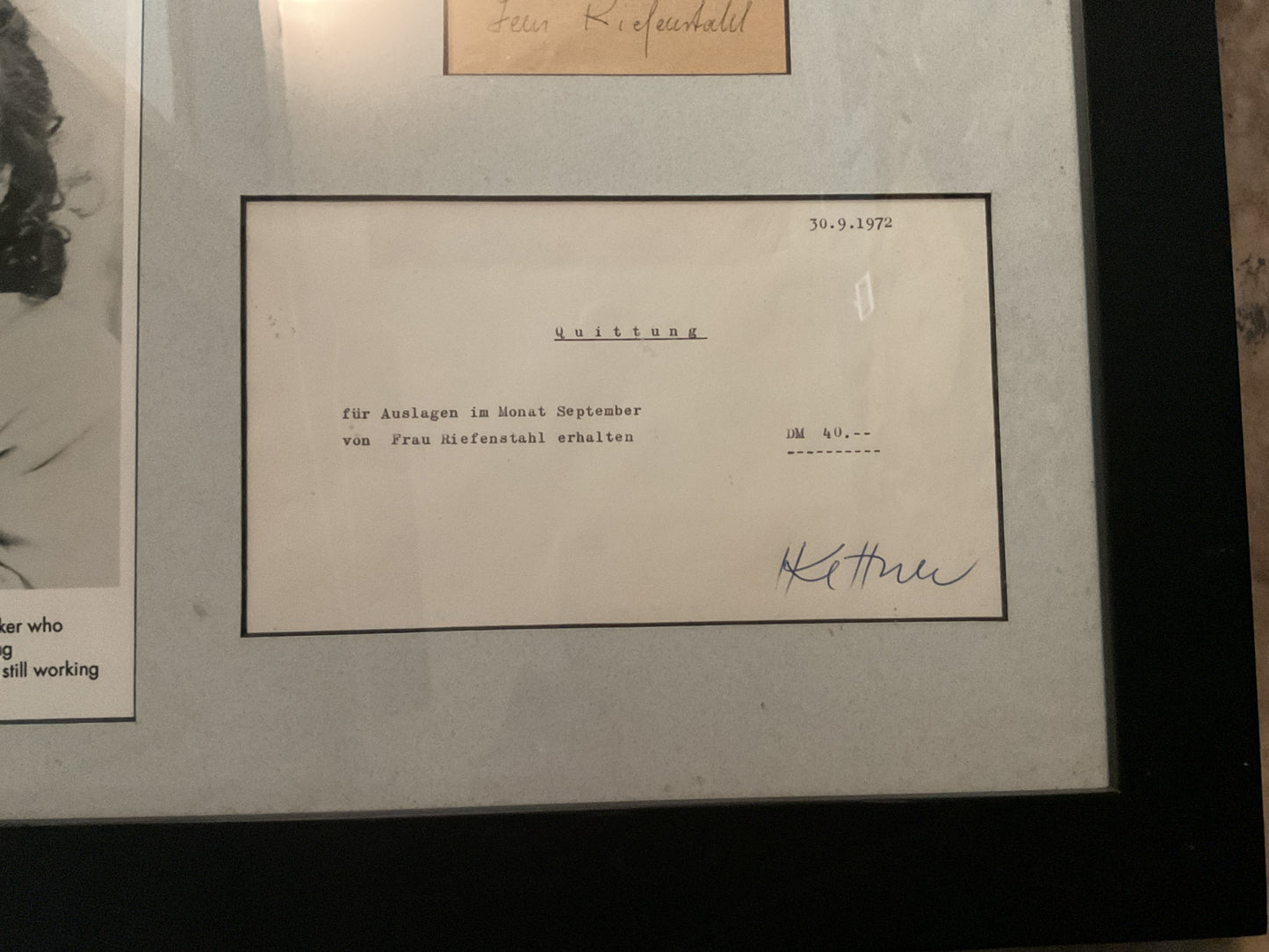 Leni Riefenstahl Signed Display w/ 1972 Receipt- WWII German Filmmaker/Olympia Director
