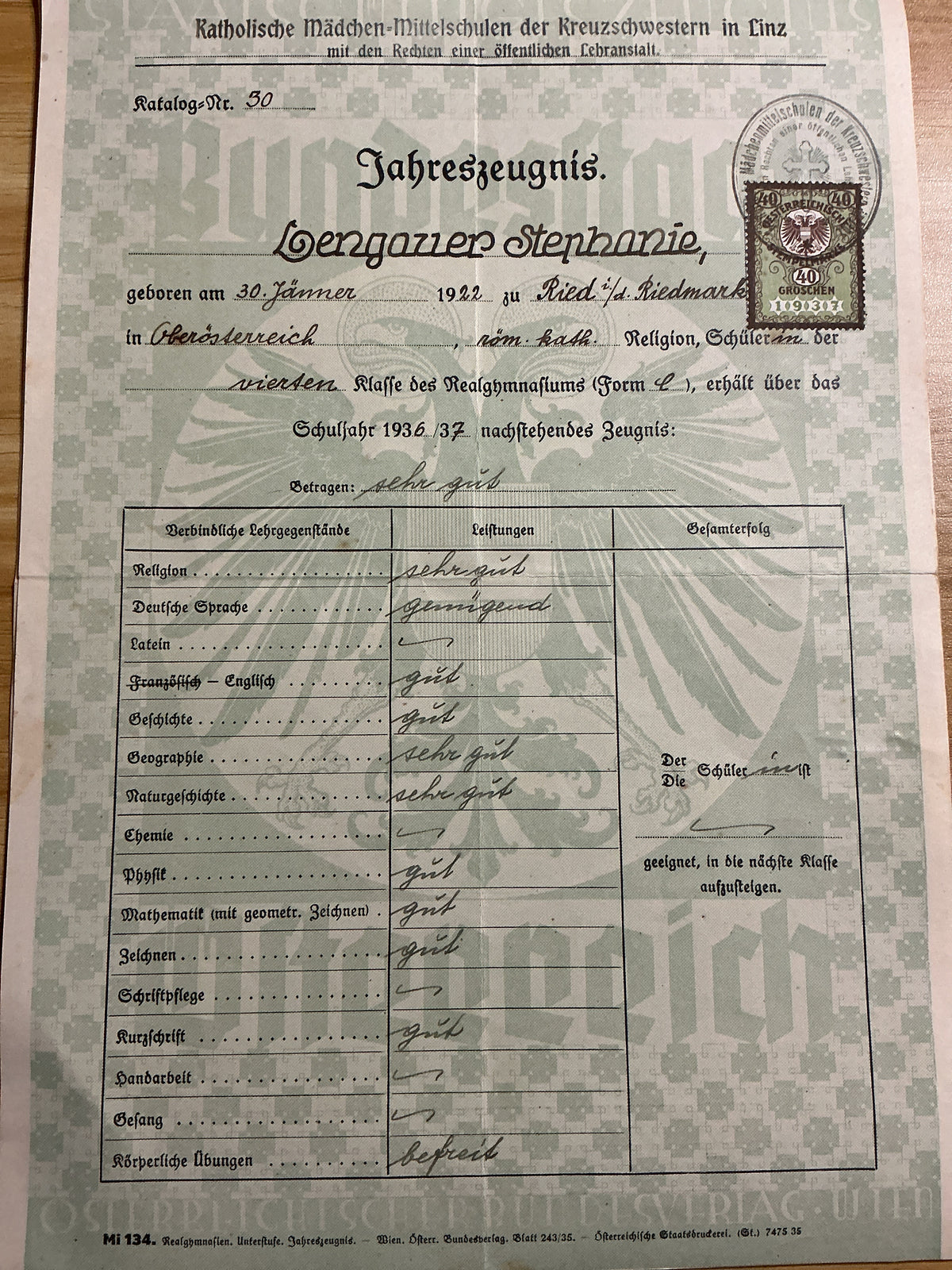 Pre-WWII Austrian Catholic Girls School Report Card