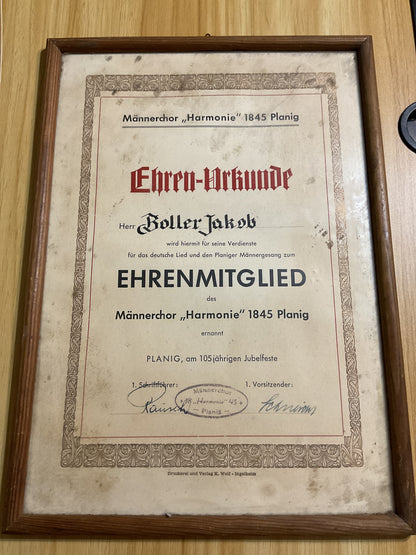 German 1845 Planig Honorary Membership Certificate-105th Anniversary-Framed