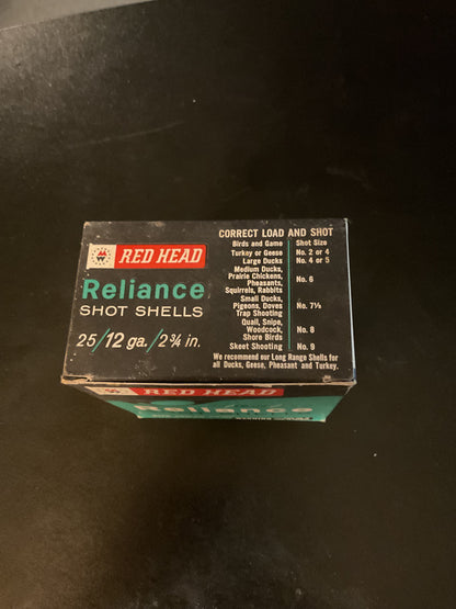 Vintage Red Head Reliance 12 Gauge Shot Shells — Full Box of 25