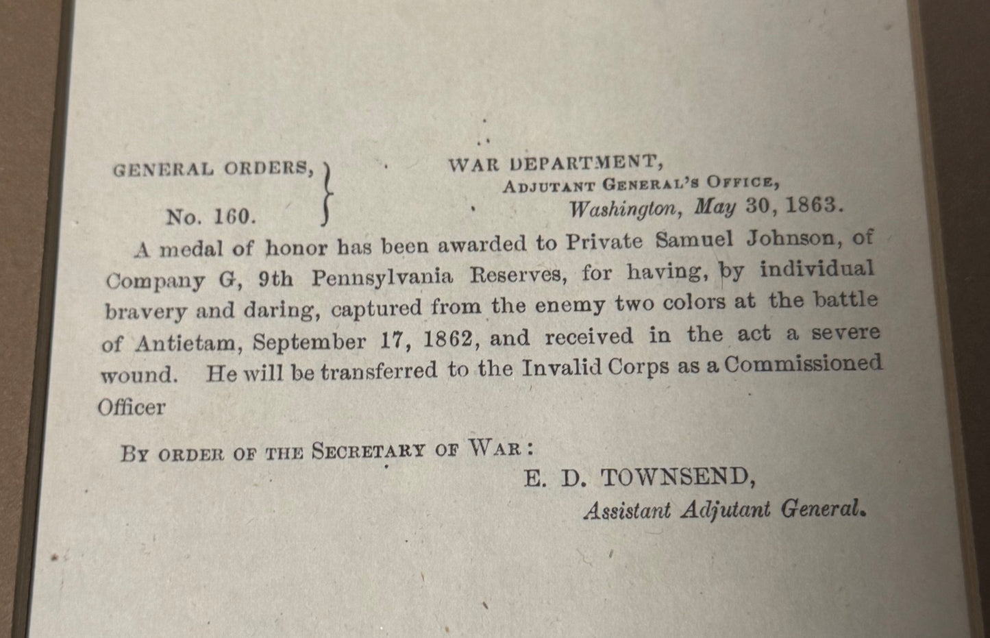 EARLY MEDAL OF HONOR Original General Order— PENNSYLVANIA HERO (ANTIETAM)